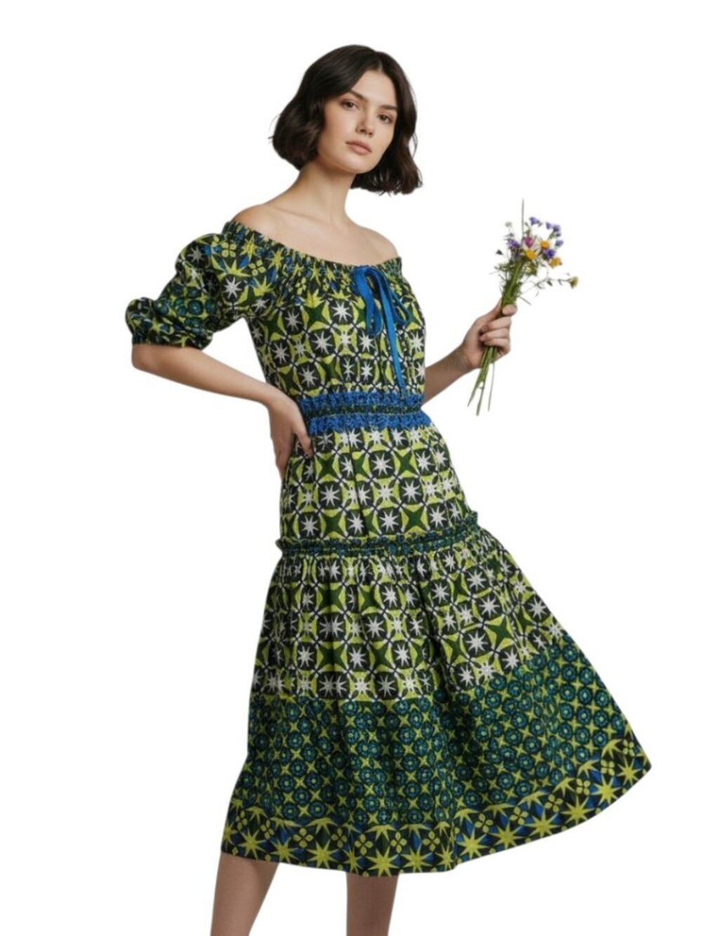 Handmade Dress Peasant Puff Sleeve Geometric Star Print Embroidery Belted Cotton
